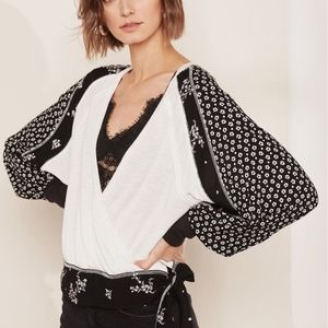 Free People Auxton Thermal Top Mixed Print Floral Waffle Knit White Black Small